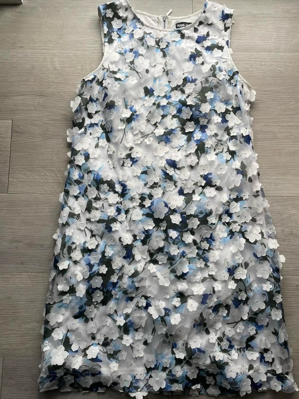 Karl Lagerfeld White Dress with Blue & Gray Floral Appliqués